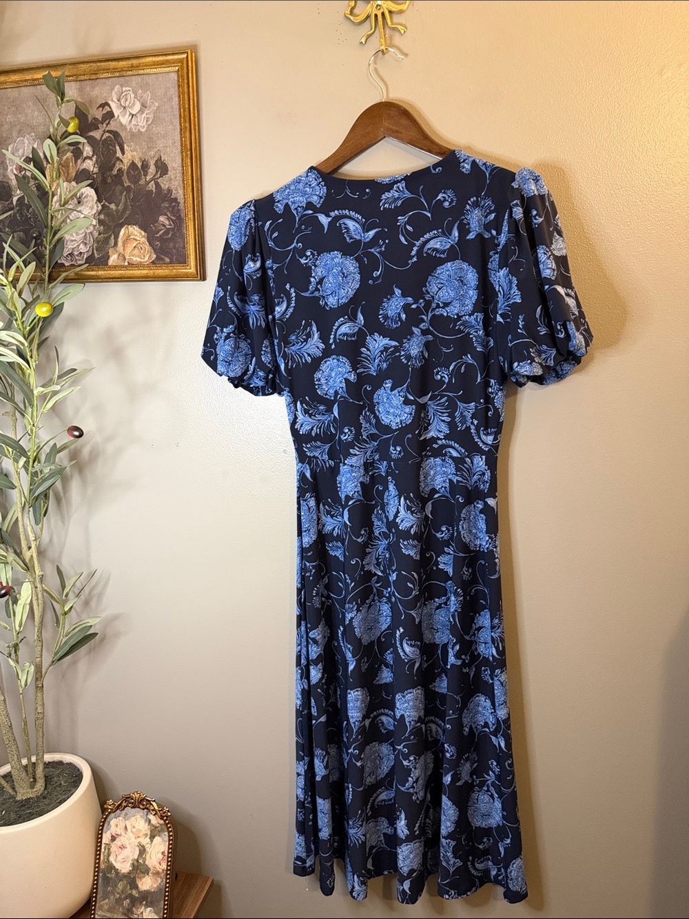 Harper Rose Blue Floral Midi Dress Size 4 Smocked Waist Puff Sleeve - Picture 8 of 9